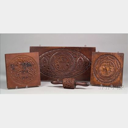 Three Carved Mahogany Cake Boards and a Carved Rolling Pin