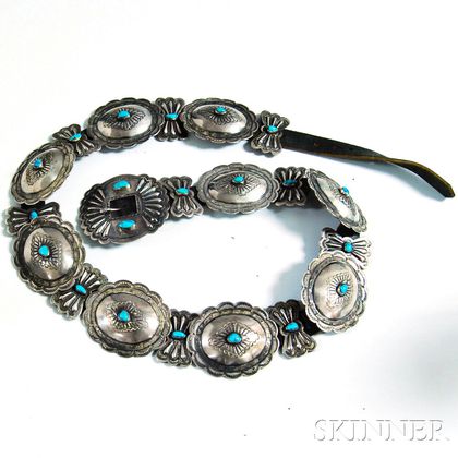 Sterling Silver, Turquoise, and Leather Concha Belt