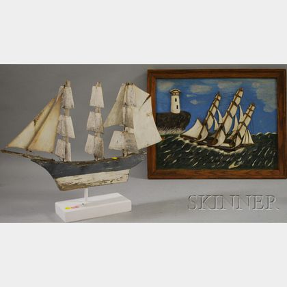 Framed Folk Carved and Painted Wood Ship and Lighthouse Scenic Panel and a Painted Wood and Tin Three-Masted Sailing Ship Weather Va...