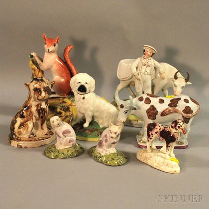 Eight Assorted Staffordshire and Faience Ceramic Figures and Figural Groups