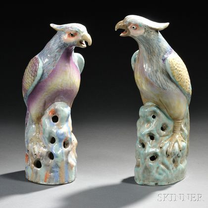 Pair of Famille Rose Porcelain Parrots
