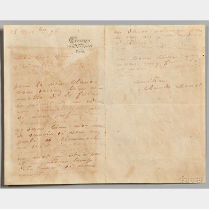 Monet, Claude (1840-1926) Autograph Letter Signed, 15 December 1896.