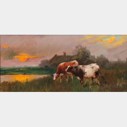 American School, 19th/20th Century Cows in a Meadow at Sunset