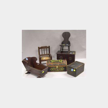 Childs Toy Wooden Cradle, Rocker, Chair, and Cabinet, and a Paint Decorated Wooden Box and Candle Box. 