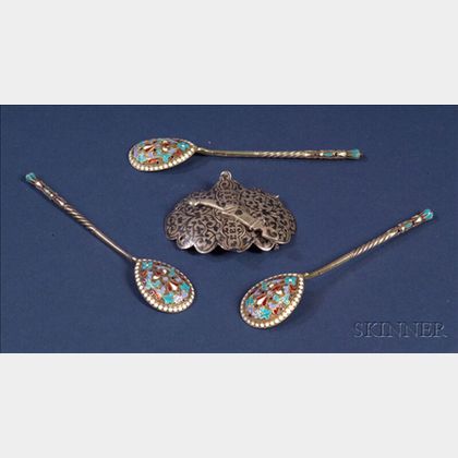 Three Russian Silver Enameled Teaspoons and a Russian Silver Niello Buckle