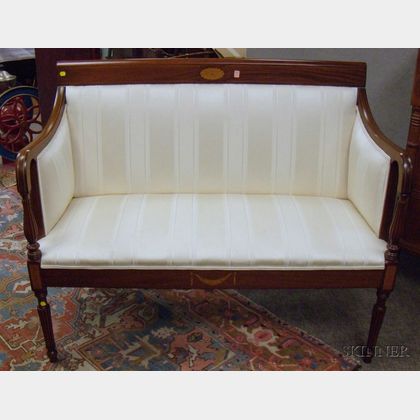 Diminutive Federal-style Upholstered Inlaid Mahogany Settee