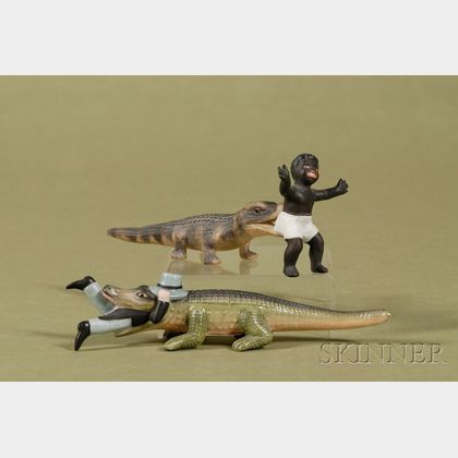 Two Small Schafer Vater Bisque Porcelain Crocodile Novelty Figurines