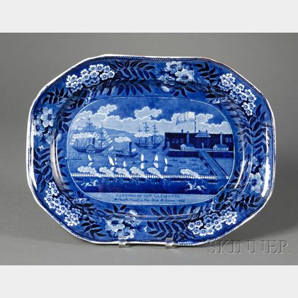 Blue and White Transfer-decorated Staffordshire Platter "Landing of LaFayette,"