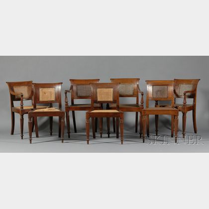 Assembled Set of Seven Sheraton Rosewood Carved and Turned Caned Chairs