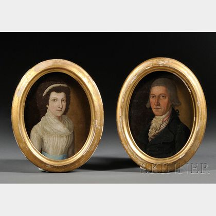 German/American School, 18th Century Pair of Portraits of a Husband and Wife.