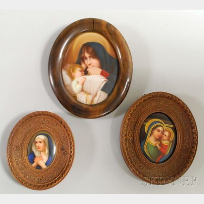Three Miniature Wood-framed Hand-painted Portraits on Porcelain Depicting the Madonna. Estimate $300-500