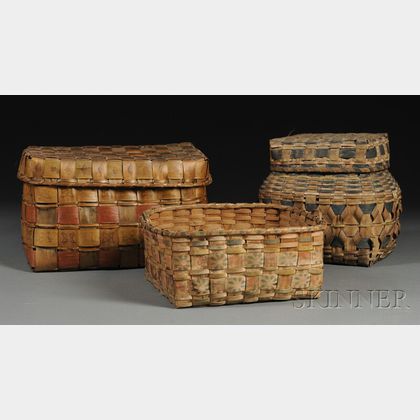Three Paint and Vegetable Stamp Decorated Woven Splint Baskets