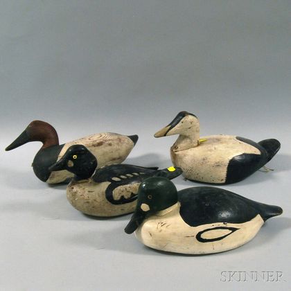 Two Goldeneyes, a Maine Eider, and Canvasback Decoy