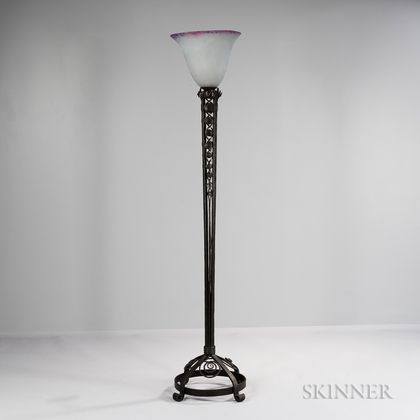 Schneider Mottled Glass Shade on Wrought Iron Floor Lamp