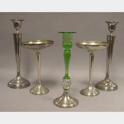 Pair of Sterling Silver Candlesticks, a Sterling Mounted Glass Candlestick, and a Pair of Sterling Compotes. 