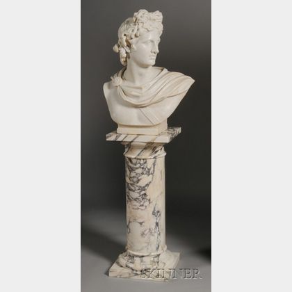 Classical Revival Carved Carrara Marble Bust of Apollo on an Associated Pedestal