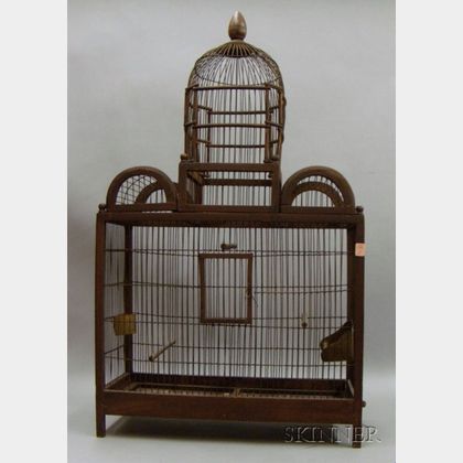 Large Domed Architectural Wood and Wire Birdcage