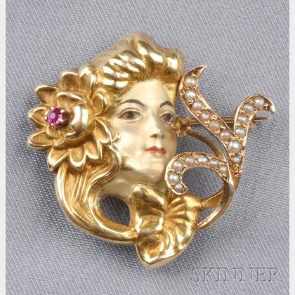 Art Nouveau 14kt Gold and Enamel Watch Pin