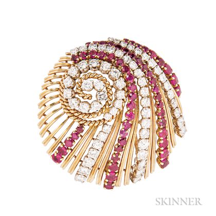 18kt Gold, Ruby, and Diamond Clip Brooch