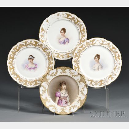 Four French Cabinet Plates Painted with Napoleonic Ladies