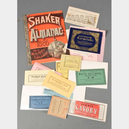 Thirteen Shaker Labels, a Pamphlet, and Four Printed Shaker Items