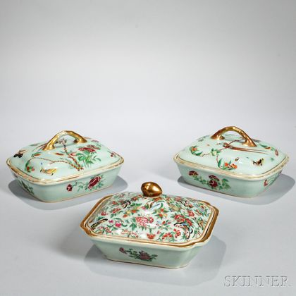 Pair of Celadon-glazed and a Rose Canton Pattern Covered Vegetable Dish