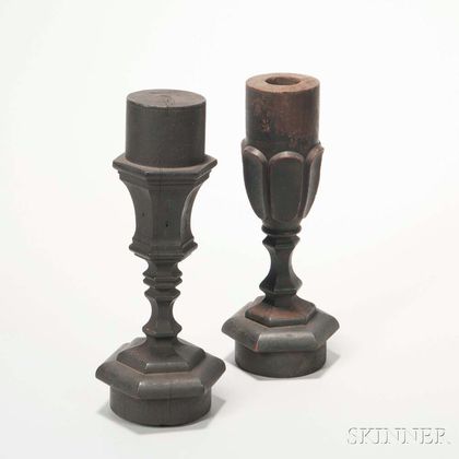 Two Turned and Carved Mahogany Pressed Glass Lamp Patterns