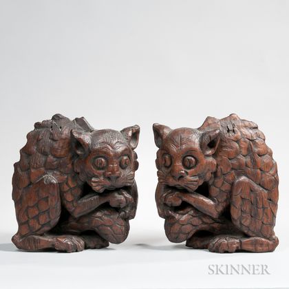 Two Carved Oak Cat Gargoyle Figures