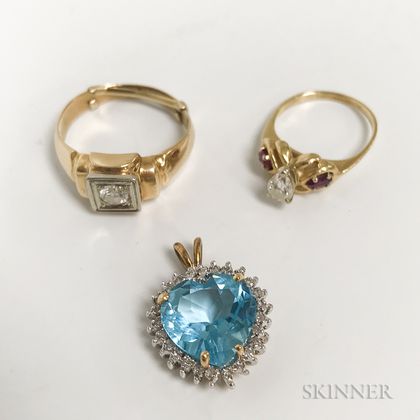 Two 14kt Gold and Diamond Rings and a 14kt Gold, Blue Topaz, and Diamond Heart Pendant
