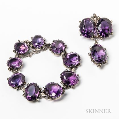 Silver-mounted Amethyst Bracelet and Brooch