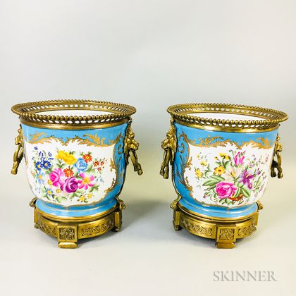 Pair of Russian Bronze-mounted Hand-painted Porcelain Cache Pots