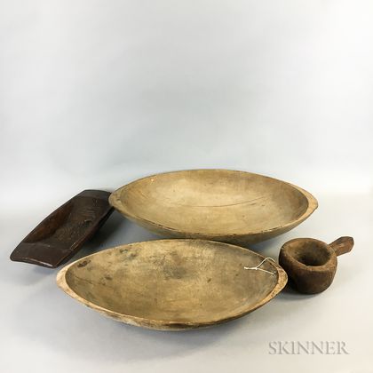 Three Carved Wood Trenchers and a Ladle