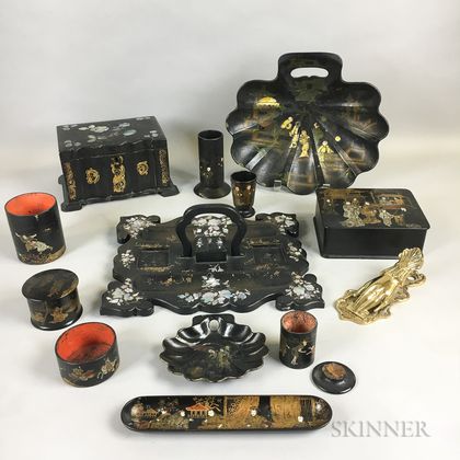 Group of Black Lacquer Tableware and a Brass Hand-form Paper Clip