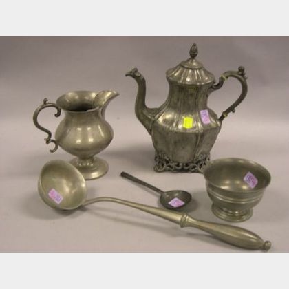 Pewter Ladle, Spoon, Footed Bowl, Coffeepot, and Jug. 