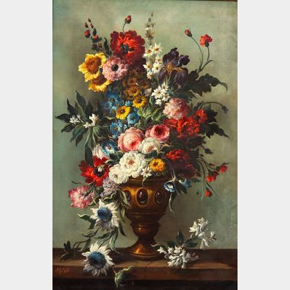 Attributed to Adrien Joseph Verhoeven-Ball (Belgian, 1824-1882) Formal Floral Still Life in a Golden Urn