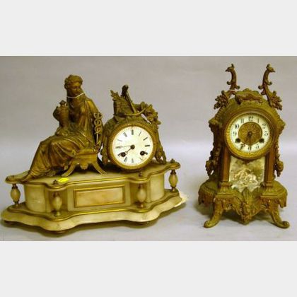 Waterbury Clock Co. Louis XV Style Gilt Cast Metal Mantel Clock and a French Alabaster and Gilt Cast Metal Figural Mantel Clock. 