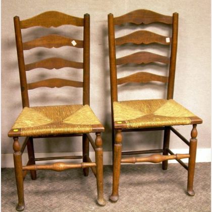Pair of English Provincial Slat-back Side Chairs with Woven Rush Seats. 