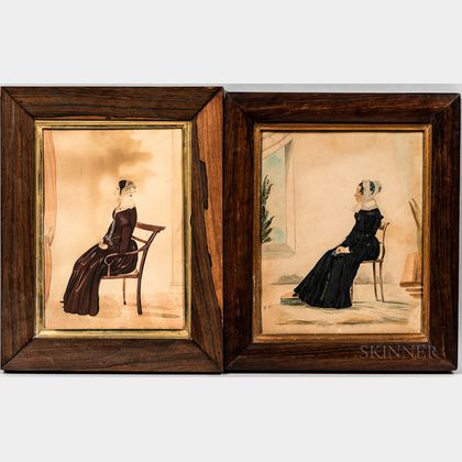 Two Watercolor Portraits of Women Seated in Chairs