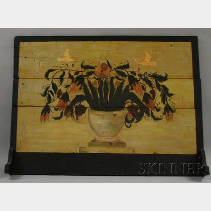 Polychrome Painted Urn of Flowers and Grapes Decorated Wooden Fireboard and a Framed 1976 Whitney Museum of American Art, Brooklyn B...