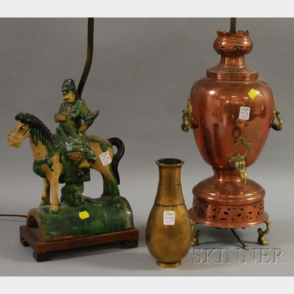 Brass-mounted Copper Samovar/Table Lamp, a Bronze Vase, and a Chinese Glazed Ceramic Figural Roof Tile/Table Lamp