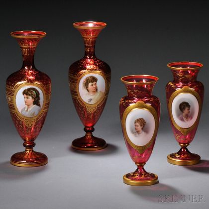 Two Pairs of Bohemian Glass Portrait Vases