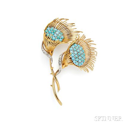 18kt Gold, Turquoise, and Diamond Brooch