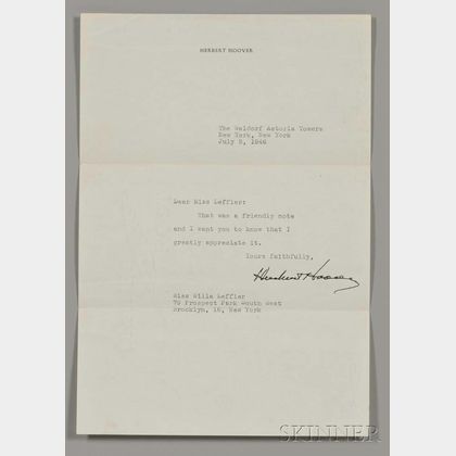 Hoover, Herbert (1874-1964) Typed Letter Signed, New York, 5 July 1946.