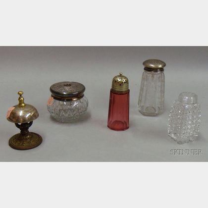 Four Glass Table Items and a Victorian Desk Bell