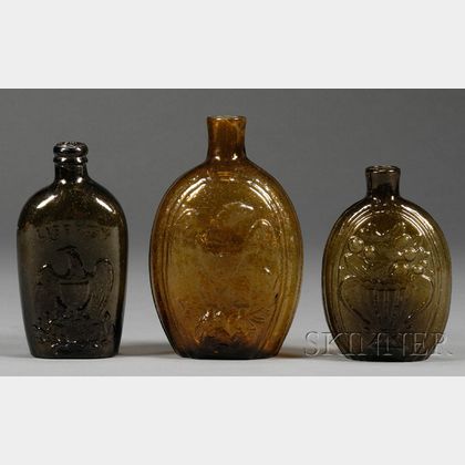 Three Colored Historical Blown Molded Glass Flasks