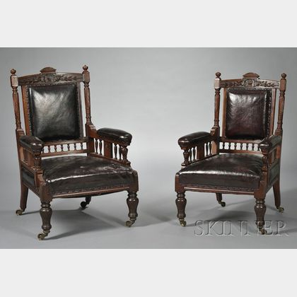 Pair of Victorian Leather-upholstered Mahogany Armchairs