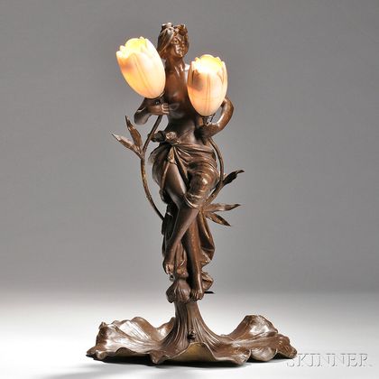 Art Nouveau Figural Lamp with Alabaster Shades 