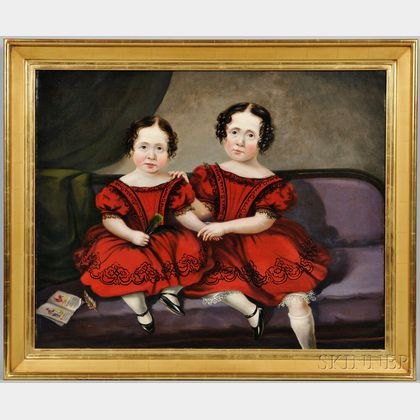 American School, 19th Century Portrait of Two Sisters in Embroidered Red Dresses Seated on a Sofa