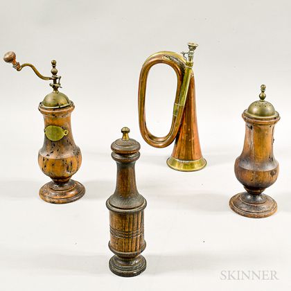 Three Turned Wood Peppermills and a Bugle