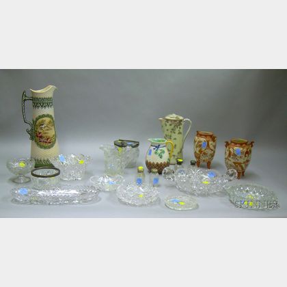 Fifteen Pieces of Colorless Cut and Pressed Glass Tableware and Five Pieces of Assorted Decorated Ceramics